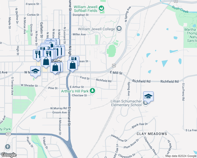 map of restaurants, bars, coffee shops, grocery stores, and more near 541 East Mill Street in Liberty