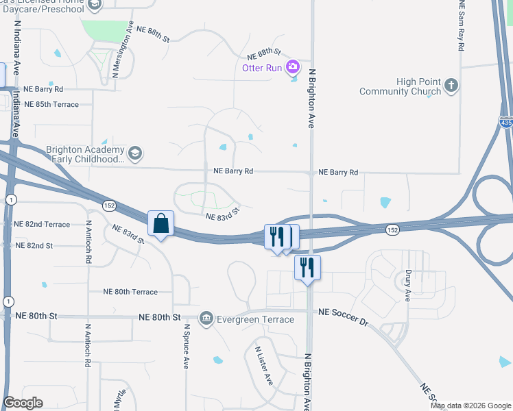 map of restaurants, bars, coffee shops, grocery stores, and more near 4701 Northeast Barry Road in Kansas City