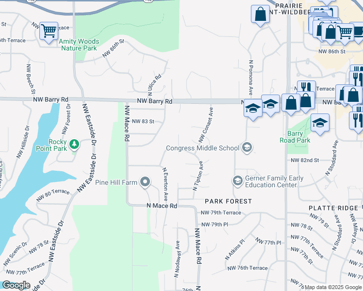 map of restaurants, bars, coffee shops, grocery stores, and more near 8314 Northwest 82nd Street in Kansas City