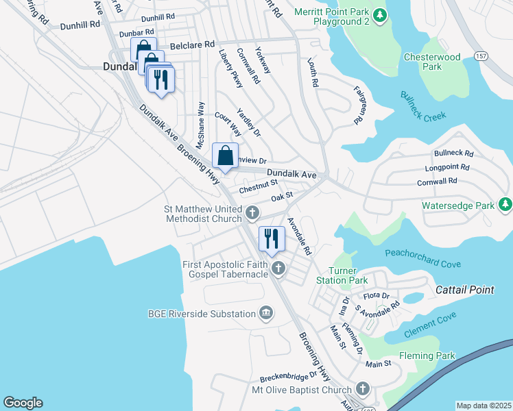 map of restaurants, bars, coffee shops, grocery stores, and more near 109 Oak Street in Dundalk