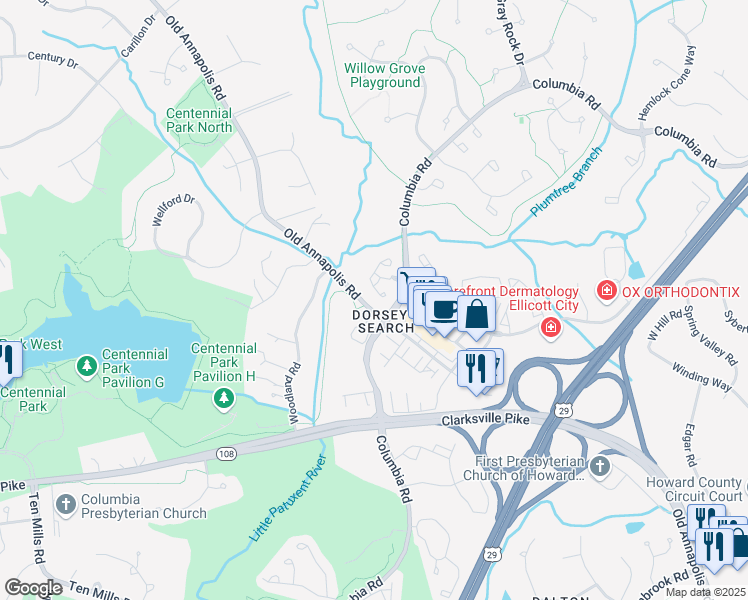 map of restaurants, bars, coffee shops, grocery stores, and more near 4745 Leyden Way in Ellicott City