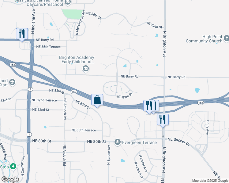 map of restaurants, bars, coffee shops, grocery stores, and more near 8316 North Kensington Avenue in Kansas City