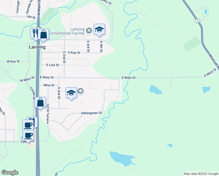 map of restaurants, bars, coffee shops, grocery stores, and more near 530 Hithergreen Drive in Lansing