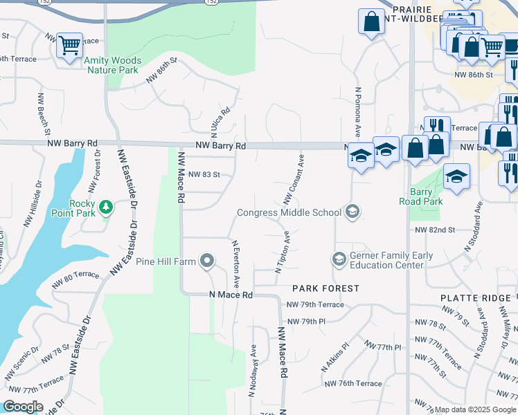 map of restaurants, bars, coffee shops, grocery stores, and more near 8314 Northwest 82nd Street in Kansas City