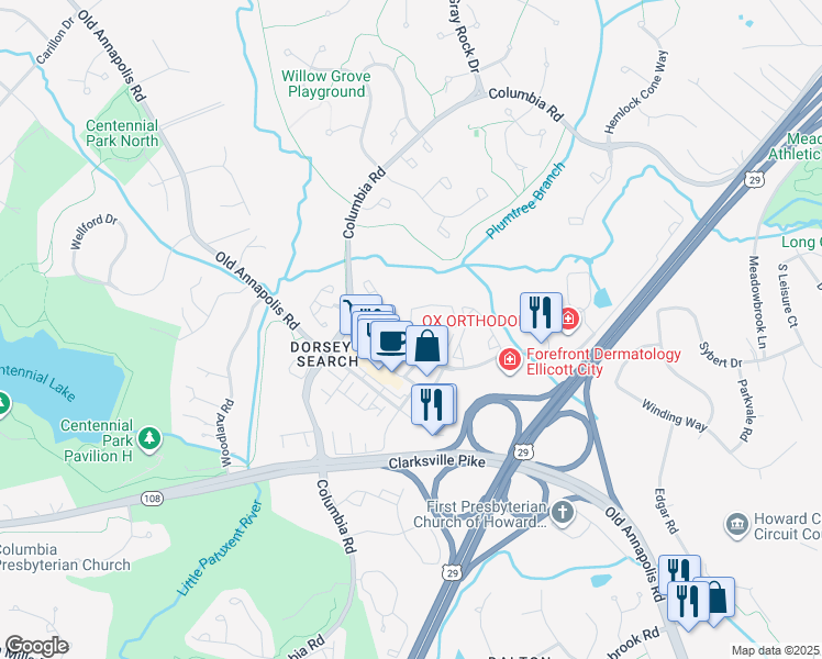 map of restaurants, bars, coffee shops, grocery stores, and more near 4750 Dorsey Hall Drive in Ellicott City