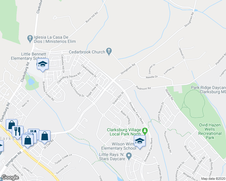 map of restaurants, bars, coffee shops, grocery stores, and more near 23512 Gardenside Place in Clarksburg