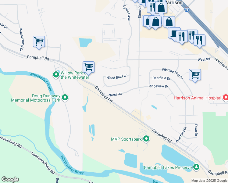 map of restaurants, bars, coffee shops, grocery stores, and more near 10747 Stone Ridge Way in Harrison