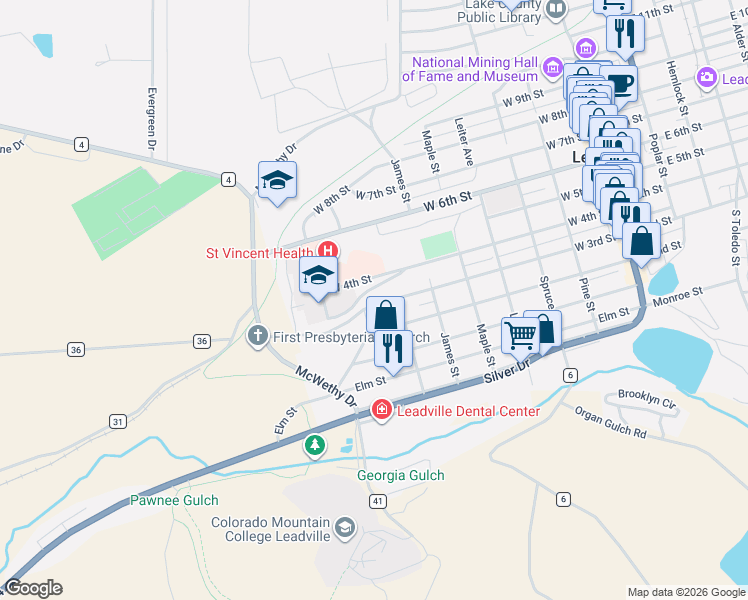 map of restaurants, bars, coffee shops, grocery stores, and more near 816 West 4th Street in Leadville
