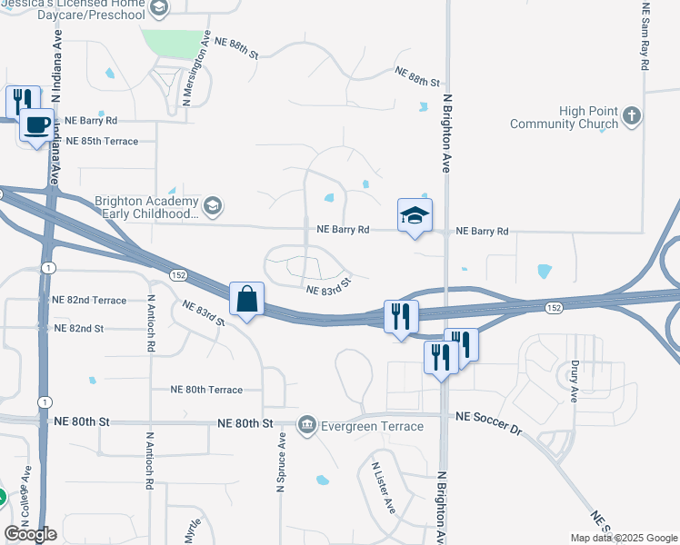 map of restaurants, bars, coffee shops, grocery stores, and more near 4528 Northeast 83rd Terrace in Kansas City