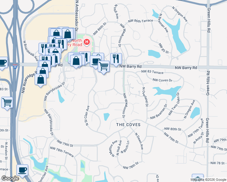 map of restaurants, bars, coffee shops, grocery stores, and more near 8223 Northwest 83 Terrace in Kansas City