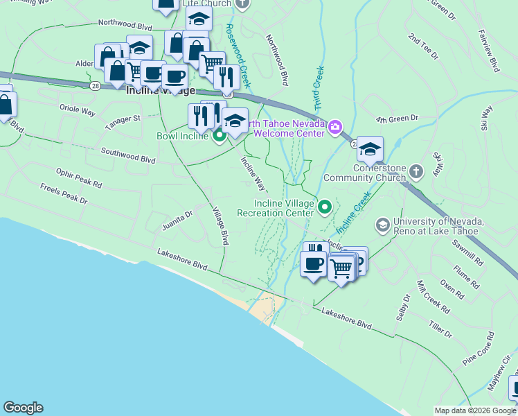 map of restaurants, bars, coffee shops, grocery stores, and more near 947 Incline Way in Incline Village