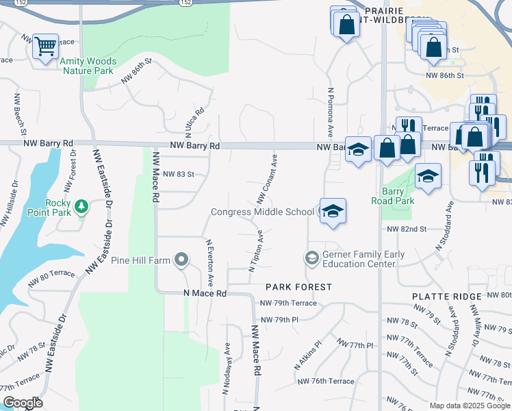 map of restaurants, bars, coffee shops, grocery stores, and more near 8314 Northwest 82 Street in Kansas City