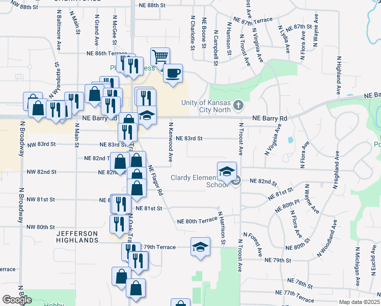 map of restaurants, bars, coffee shops, grocery stores, and more near 700 Northeast 82nd Terrace in Kansas City