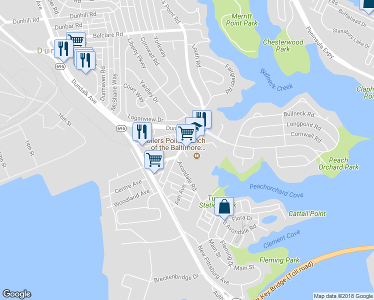 map of restaurants, bars, coffee shops, grocery stores, and more near 317 Sollers Point Road in Dundalk