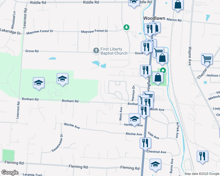 map of restaurants, bars, coffee shops, grocery stores, and more near 36 Rolling Hills Drive in Cincinnati
