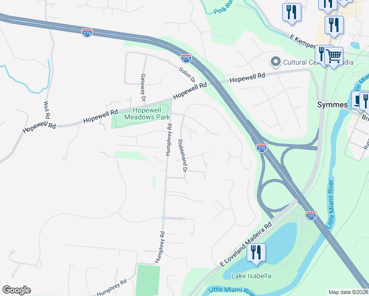 map of restaurants, bars, coffee shops, grocery stores, and more near 10320 Stablehand Drive in Cincinnati