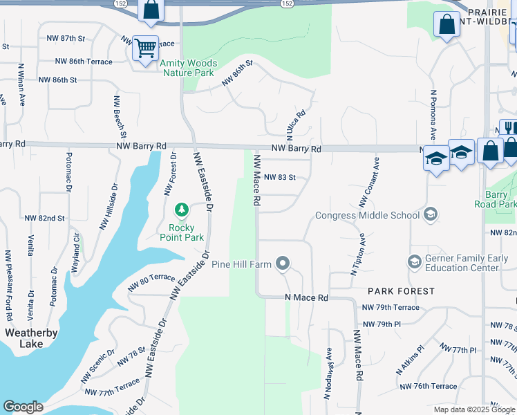 map of restaurants, bars, coffee shops, grocery stores, and more near 8800 Northwest 82nd Street in Kansas City