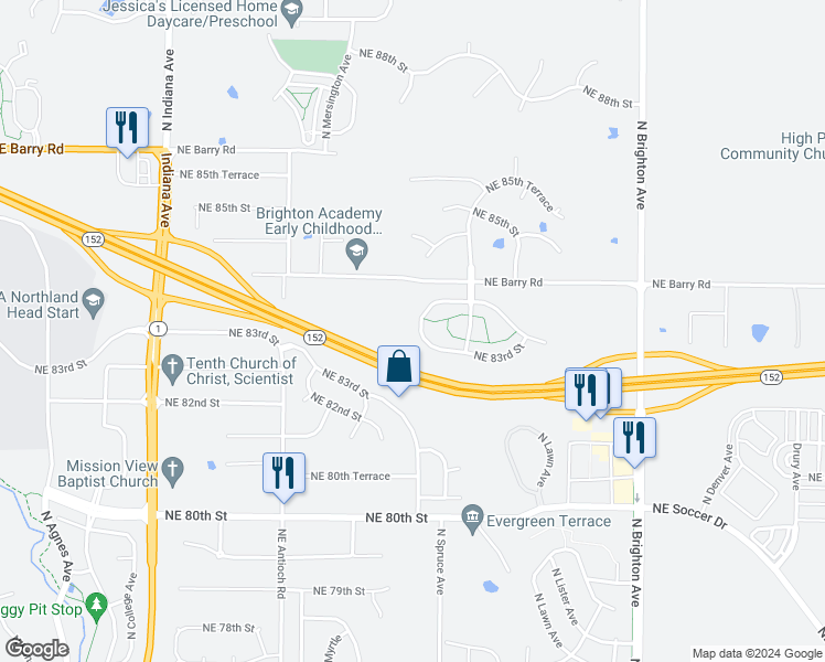 map of restaurants, bars, coffee shops, grocery stores, and more near 8316 North Spruce Avenue in Kansas City