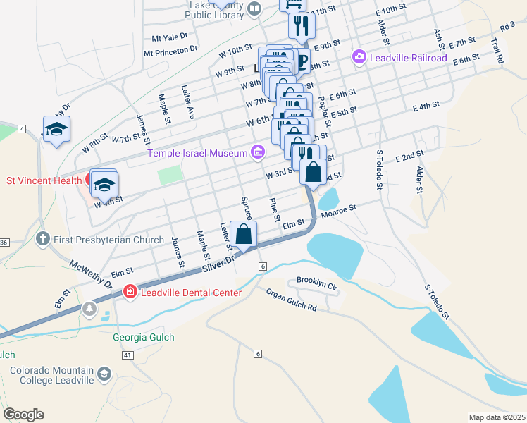map of restaurants, bars, coffee shops, grocery stores, and more near 201 West 2nd Street in Leadville