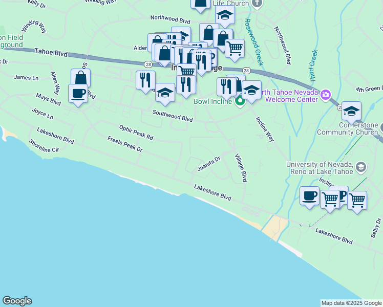 map of restaurants, bars, coffee shops, grocery stores, and more near 136 Rubicon Peak Lane in Incline Village