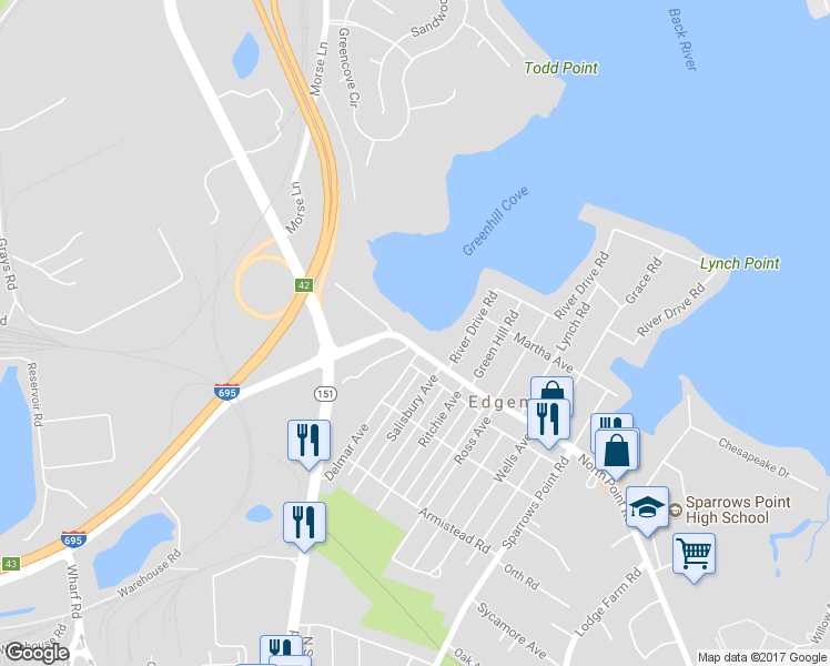 map of restaurants, bars, coffee shops, grocery stores, and more near 6520 North Point Road in Edgemere