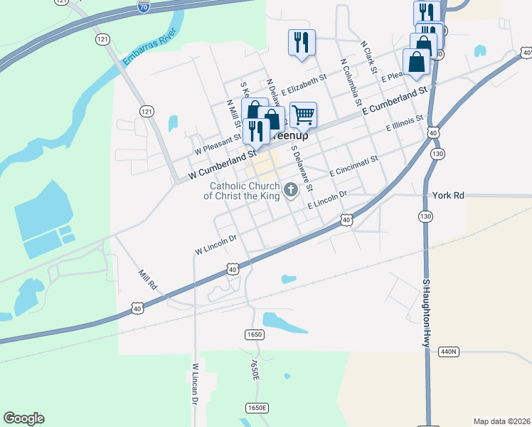 map of restaurants, bars, coffee shops, grocery stores, and more near 300 South Mill Street in Greenup