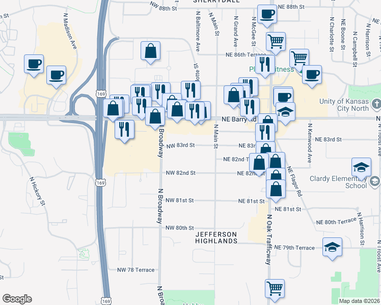 map of restaurants, bars, coffee shops, grocery stores, and more near 115 Northwest 83rd Street in Kansas City