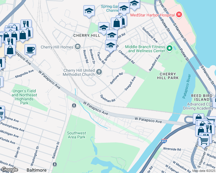 map of restaurants, bars, coffee shops, grocery stores, and more near 998 Bethune Road in Baltimore