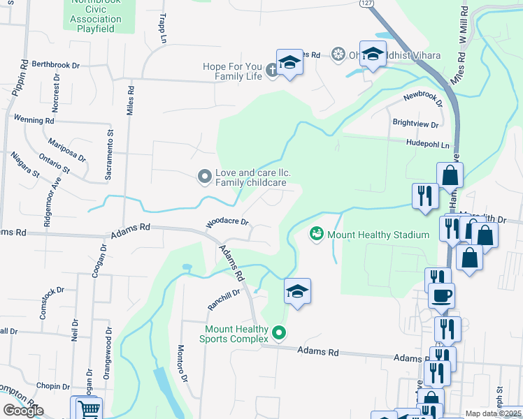map of restaurants, bars, coffee shops, grocery stores, and more near 9629 Fallsridge Court in Cincinnati