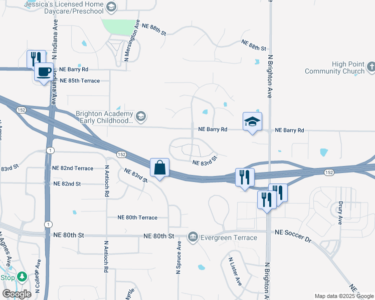 map of restaurants, bars, coffee shops, grocery stores, and more near 8347 North Kensington Avenue in Kansas City