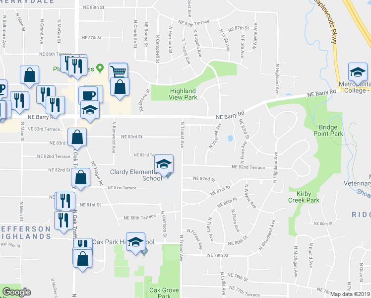 map of restaurants, bars, coffee shops, grocery stores, and more near 8246 North Forest Avenue in Kansas City