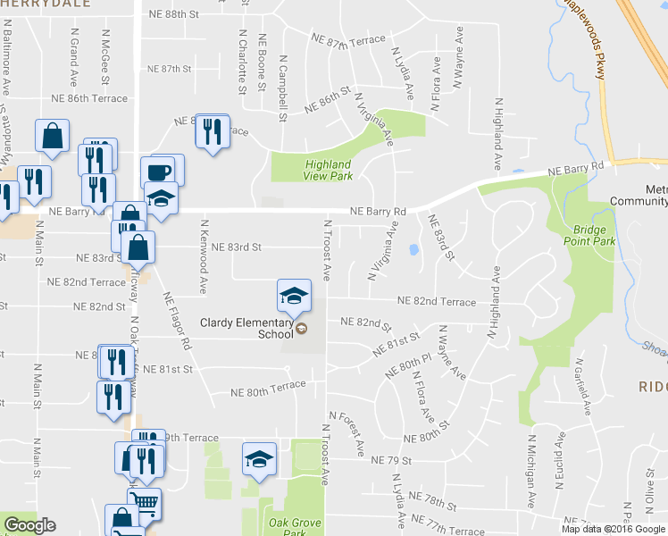 map of restaurants, bars, coffee shops, grocery stores, and more near 8246 North Forest Avenue in Kansas City