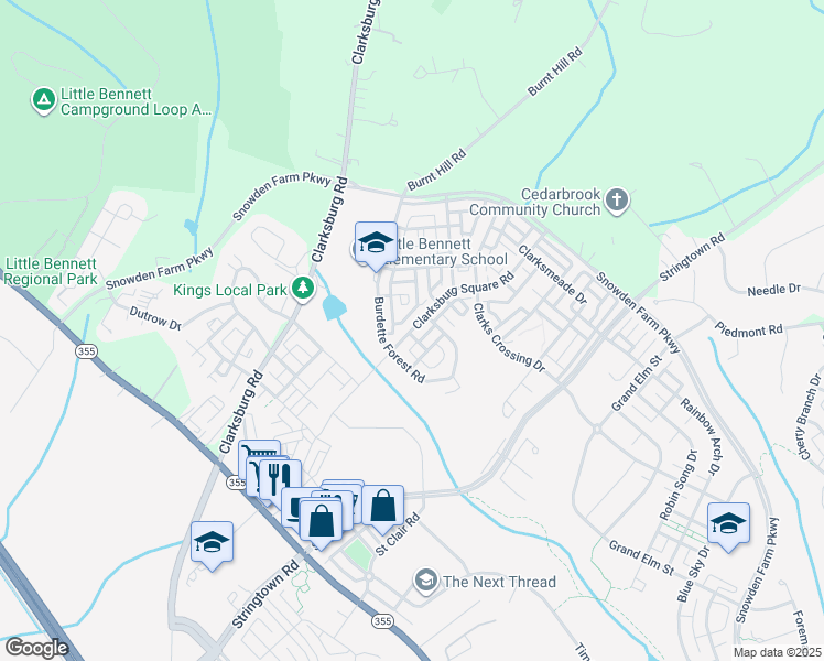 map of restaurants, bars, coffee shops, grocery stores, and more near 13030 Clarksburg Square Road in Clarksburg