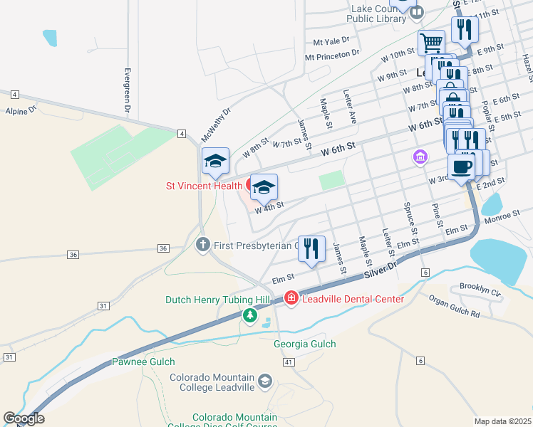 map of restaurants, bars, coffee shops, grocery stores, and more near 1000 West 4th Street in Leadville
