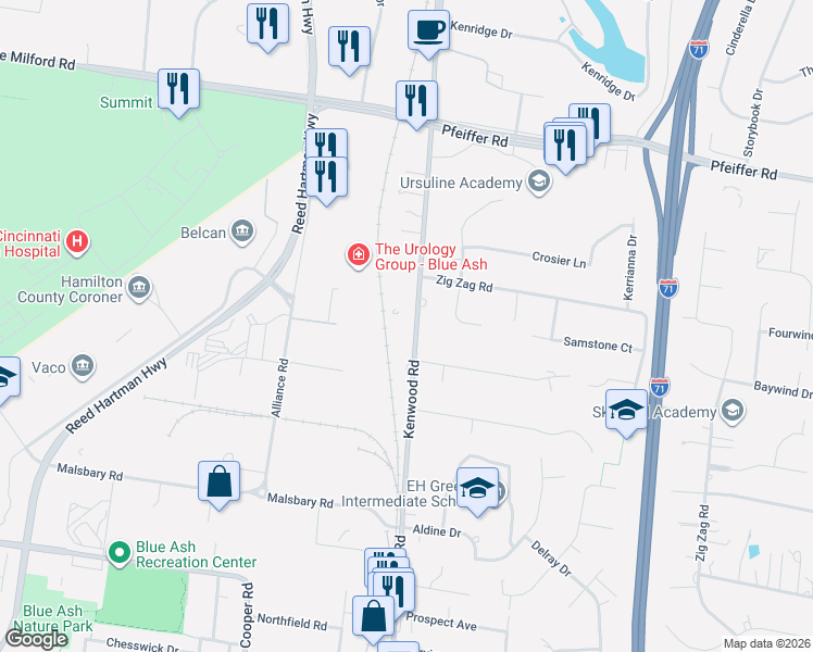 map of restaurants, bars, coffee shops, grocery stores, and more near 10133 Kenwood Road in Cincinnati
