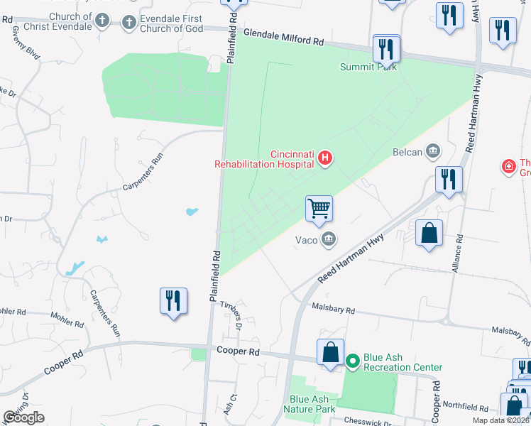 map of restaurants, bars, coffee shops, grocery stores, and more near 4103 Catalina Alley in Blue Ash