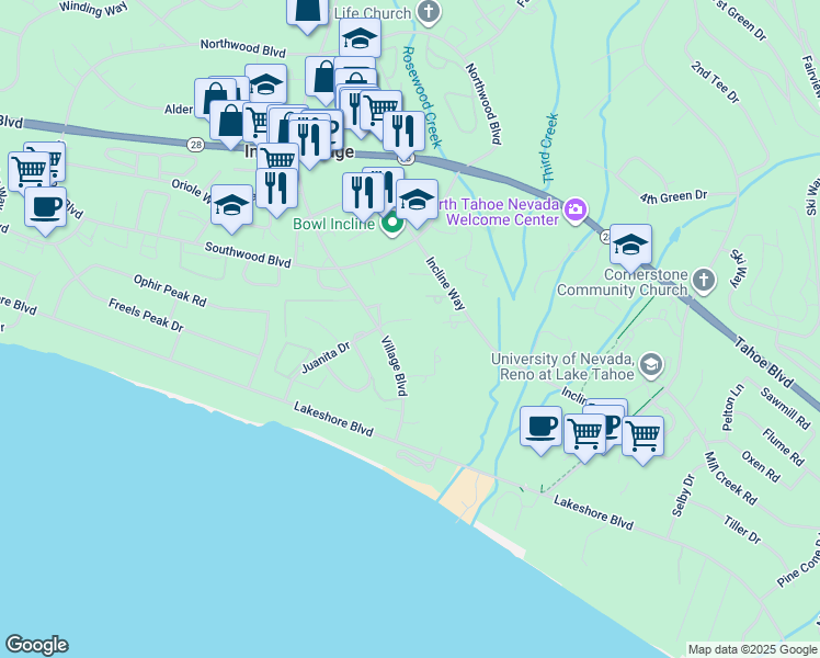 map of restaurants, bars, coffee shops, grocery stores, and more near 144 Village Boulevard in Incline Village