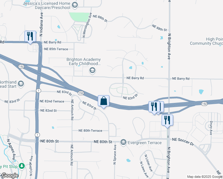 map of restaurants, bars, coffee shops, grocery stores, and more near 8333 North Spruce Avenue in Kansas City
