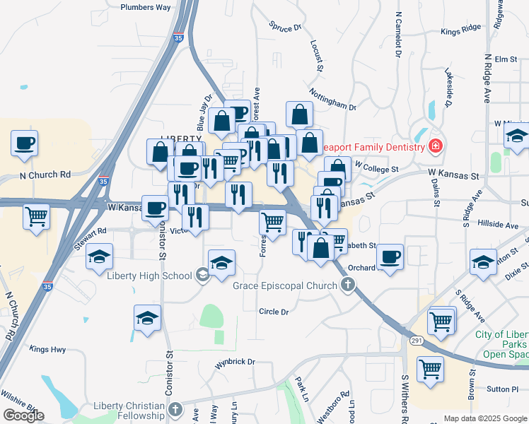 map of restaurants, bars, coffee shops, grocery stores, and more near 1500-1646 W Kansas St in Liberty