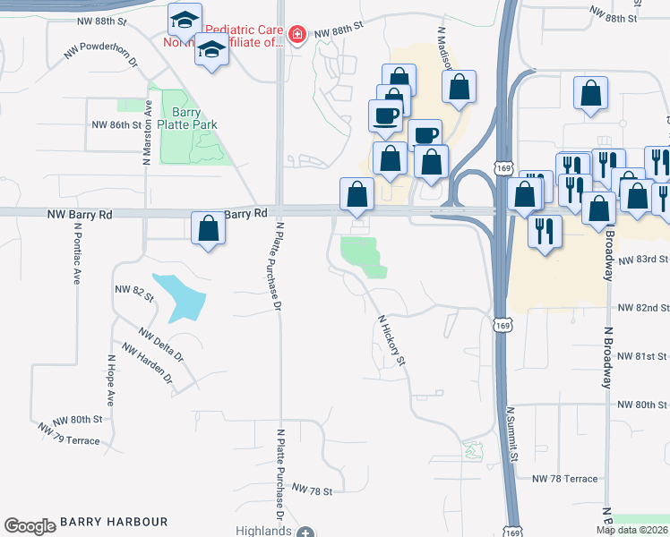 map of restaurants, bars, coffee shops, grocery stores, and more near 8300 North Hickory Street in Kansas City