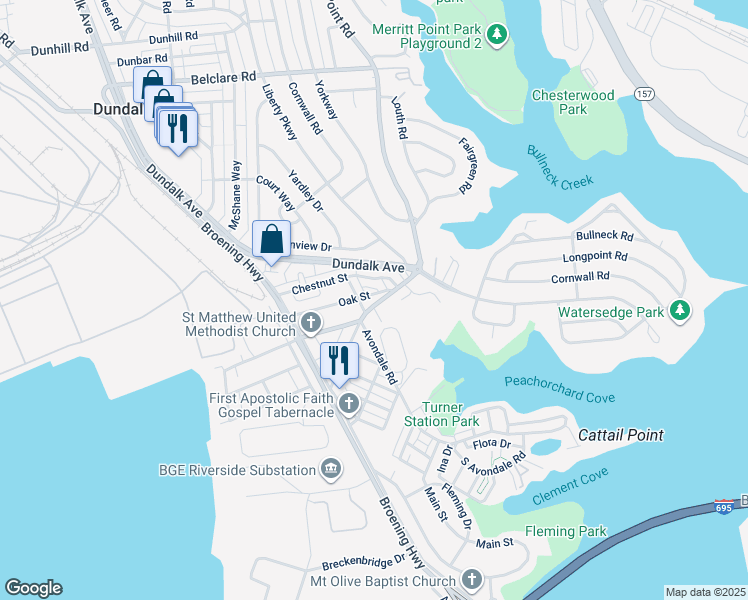map of restaurants, bars, coffee shops, grocery stores, and more near 322 Sollers Point Road in Dundalk