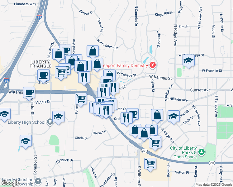 map of restaurants, bars, coffee shops, grocery stores, and more near 1137 West Kansas Street in Liberty