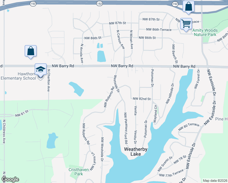 map of restaurants, bars, coffee shops, grocery stores, and more near 8211 Northwest Roberts Road in Weatherby Lake
