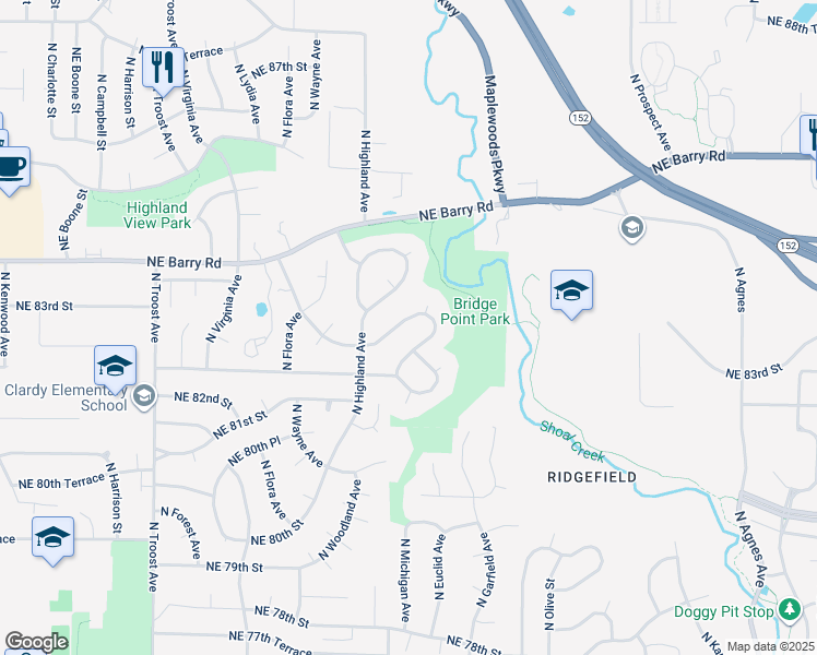 map of restaurants, bars, coffee shops, grocery stores, and more near 1817 NE 83rd St in Kansas City