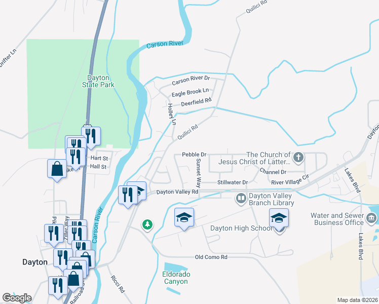 map of restaurants, bars, coffee shops, grocery stores, and more near 142 Pebble Drive in Dayton