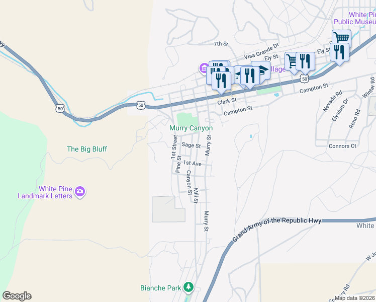 map of restaurants, bars, coffee shops, grocery stores, and more near 735 Canyon Street in Ely
