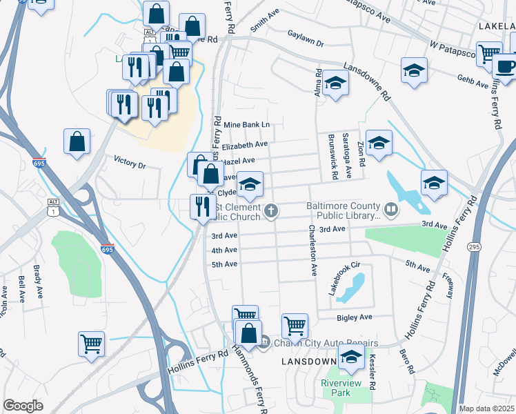 map of restaurants, bars, coffee shops, grocery stores, and more near 110 1st Ave in Halethorpe