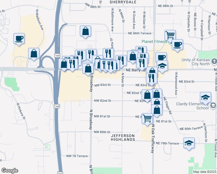 map of restaurants, bars, coffee shops, grocery stores, and more near 115 Northwest 83rd Street in Kansas City