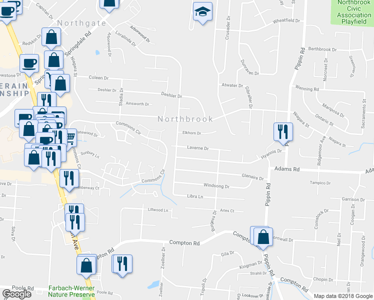 map of restaurants, bars, coffee shops, grocery stores, and more near 3163 Laverne Drive in Cincinnati