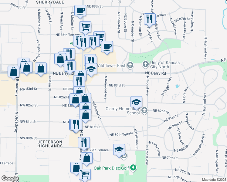 map of restaurants, bars, coffee shops, grocery stores, and more near 8233 North Kenwood Avenue in Kansas City